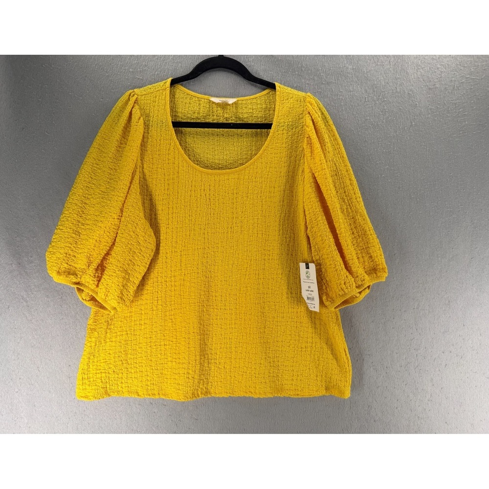 NWT Terra & Sky Top Womens 1X 16W/18W Yellow Crinkle Minimalist Bold Golden